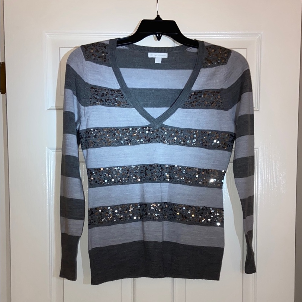 New York and Company Gray and Silver Striped V-Neck Sweater with Sequins